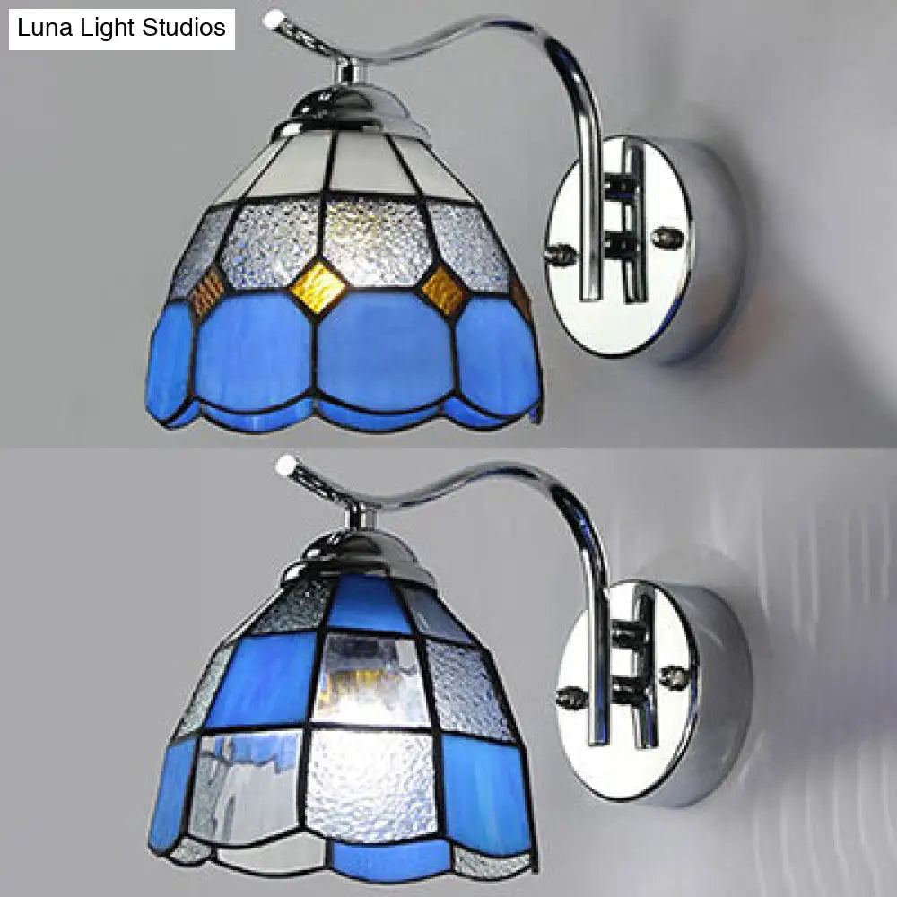 Tiffany Style Tapered Wall Light: Square/Gem Pattern Stained Glass Sconce In Blue