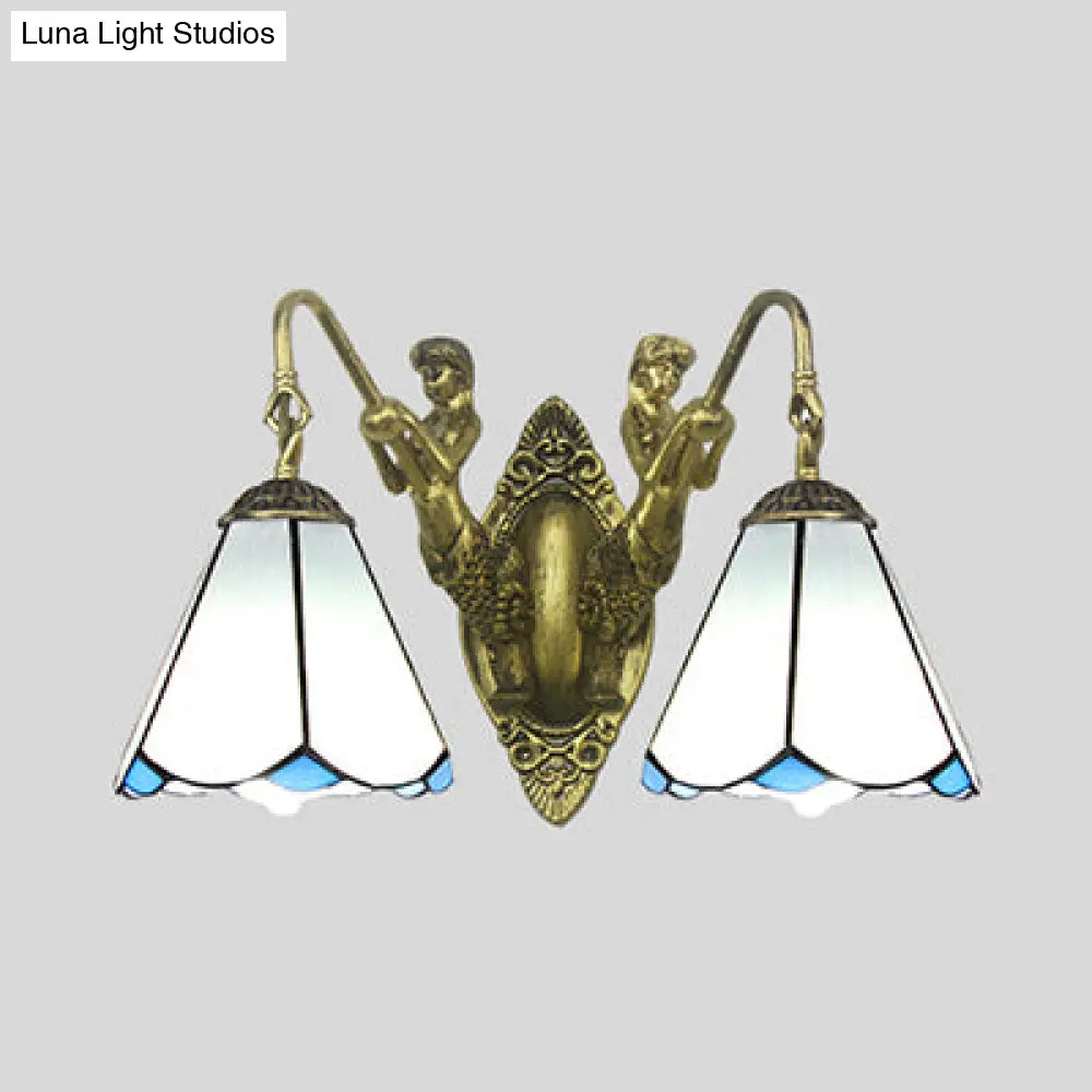 Tiffany Style Wall Sconce With Flared White/Beige Glass And Mermaid Backplate - 2 Light