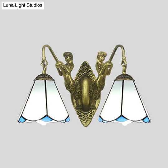 Tiffany Style Wall Sconce With Flared White/Beige Glass And Mermaid Backplate - 2 Light