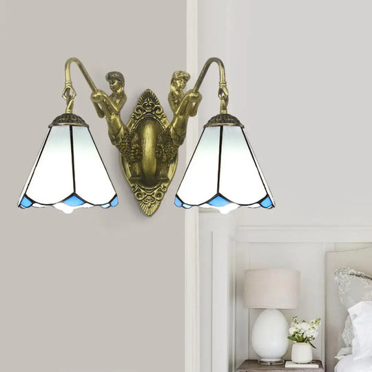 Tiffany Style Wall Sconce With Flared White/Beige Glass And Mermaid Backplate - 2 Light White