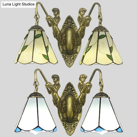 Tiffany Style Wall Sconce With Flared White/Beige Glass And Mermaid Backplate - 2 Light