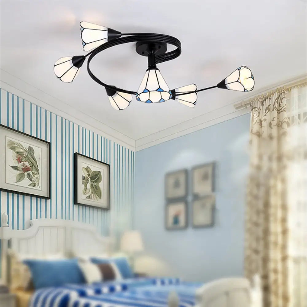 Tiffany Style White Ceiling Lamp With 6 Swirling Glass Lights For Bedroom