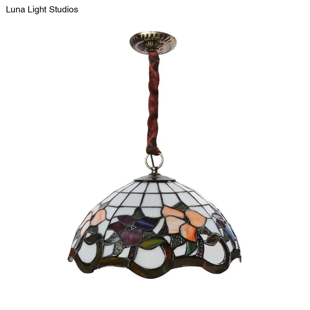 Tiffany-Style White Stained Glass Chandelier Lamp With Scalloped Design And Three Lights