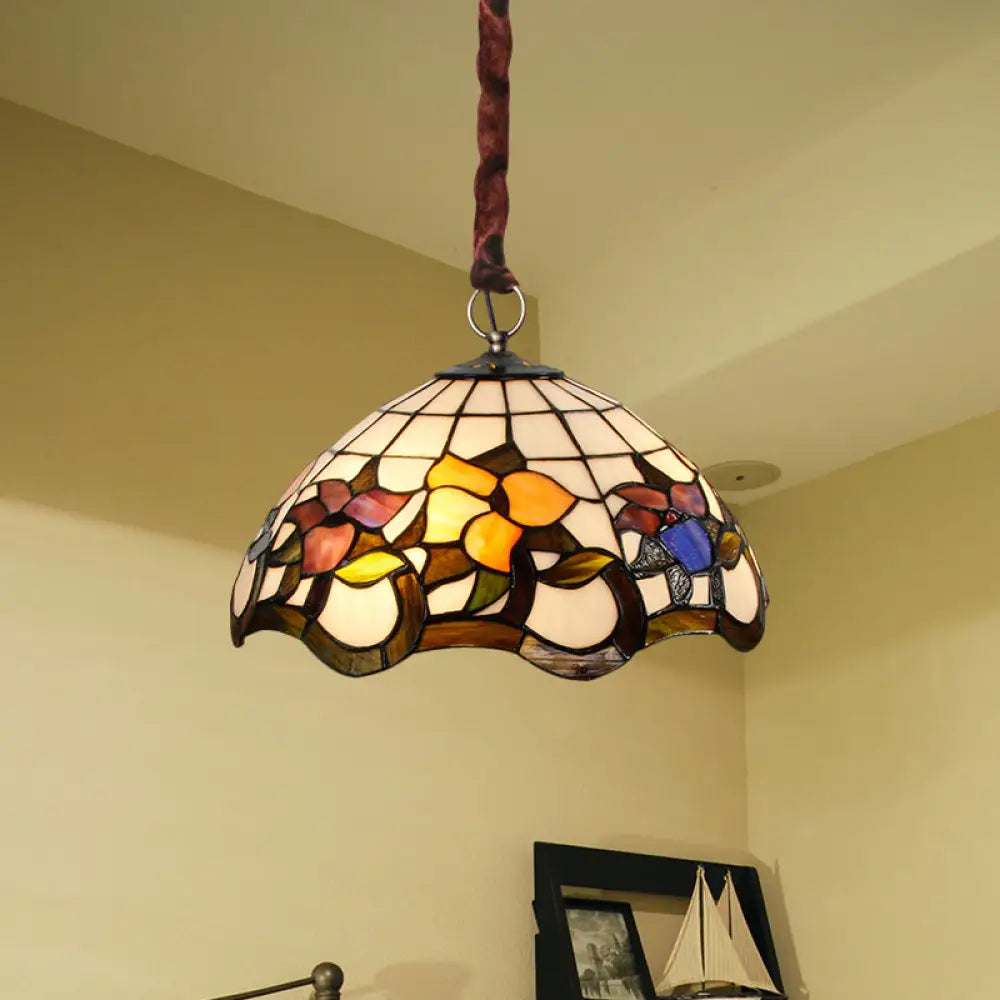 Tiffany-Style White Stained Glass Chandelier Lamp With Scalloped Design And Three Lights