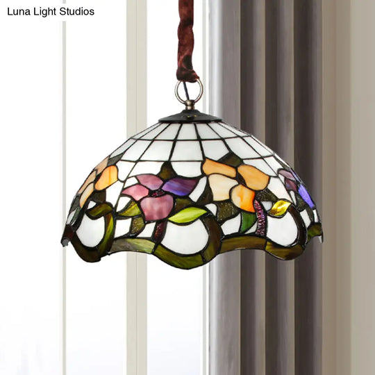 Tiffany-Style White Stained Glass Chandelier Lamp With Scalloped Design And Three Lights