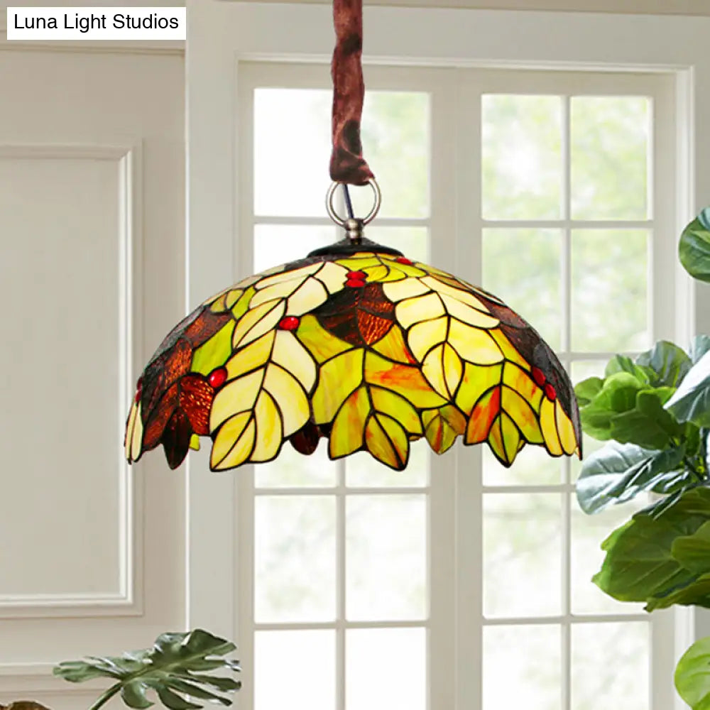 Tiffany Style Yellow Chandelier Light: Handcrafted Art Glass Drop Lamp With Jewel Deco - 3-Head