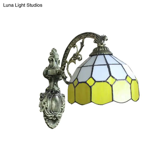 Tiffany Style Yellow Dome Wall Sconce With Curved Arm - 1 Light Mount Lamp