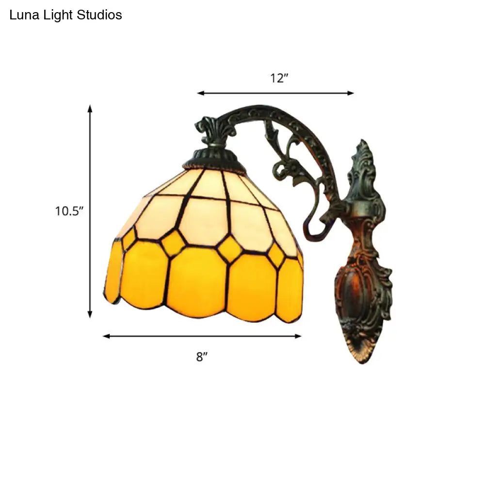 Tiffany Style Yellow Dome Wall Sconce With Curved Arm - 1 Light Mount Lamp