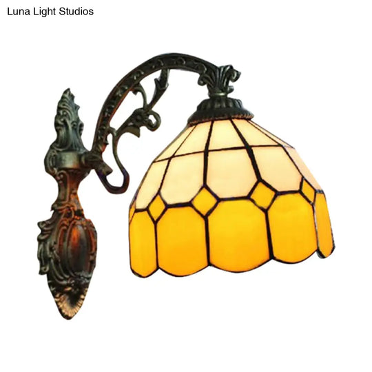 Tiffany Style Yellow Dome Wall Sconce With Curved Arm - 1 Light Mount Lamp