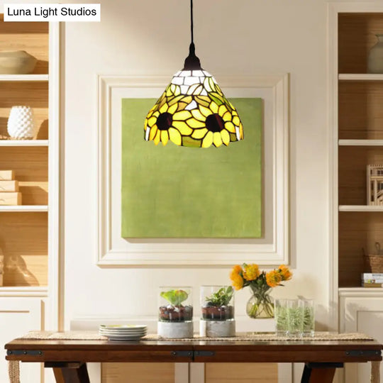 Tiffany-Style Trumpet Hanging Lamp: Yellow Stained Art Glass 1 Head Ceiling Pendant Light