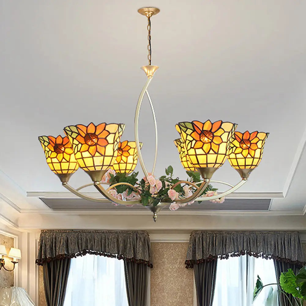 Tiffany Sunflower/Leaf Chandelier Light Fixture - 6/8 Lights White/Orange For Living Room 6 / Orange