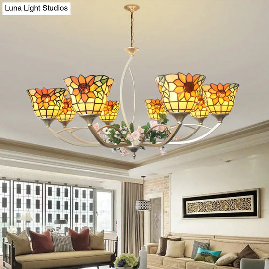 Tiffany Sunflower/Leaf Chandelier Light Fixture - White/Orange 6/8 Lights Ideal For Living Room