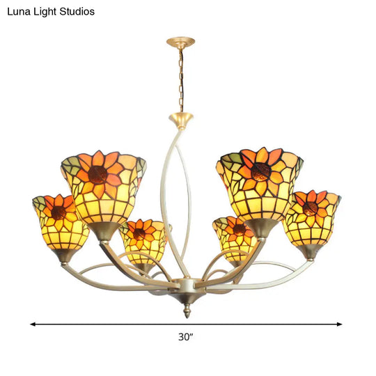 Tiffany Sunflower/Leaf Chandelier Light Fixture - 6/8 Lights White/Orange For Living Room