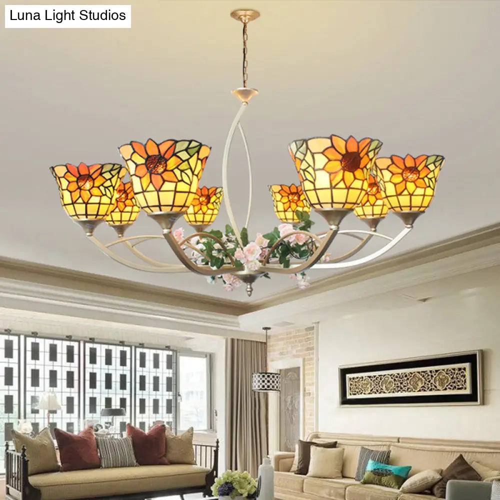 Tiffany Sunflower/Leaf Chandelier Light Fixture - 6/8 Lights White/Orange For Living Room