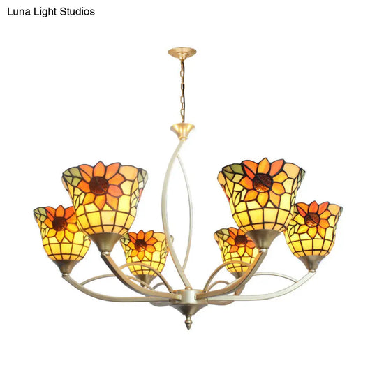 Tiffany Sunflower/Leaf Chandelier Light Fixture - White/Orange 6/8 Lights Ideal For Living Room