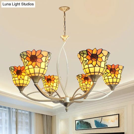 Tiffany Sunflower/Leaf Chandelier Light Fixture - 6/8 Lights White/Orange For Living Room