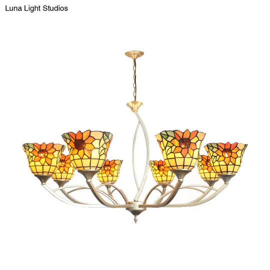 Tiffany Sunflower/Leaf Chandelier Light Fixture - White/Orange 6/8 Lights Ideal For Living Room