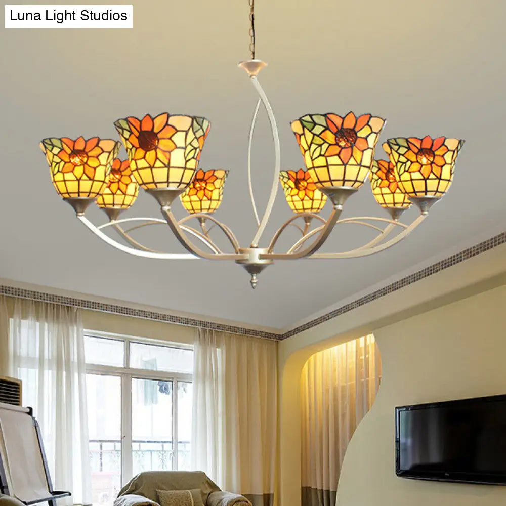 Tiffany Sunflower/Leaf Chandelier Light Fixture - White/Orange 6/8 Lights Ideal For Living Room 8 /