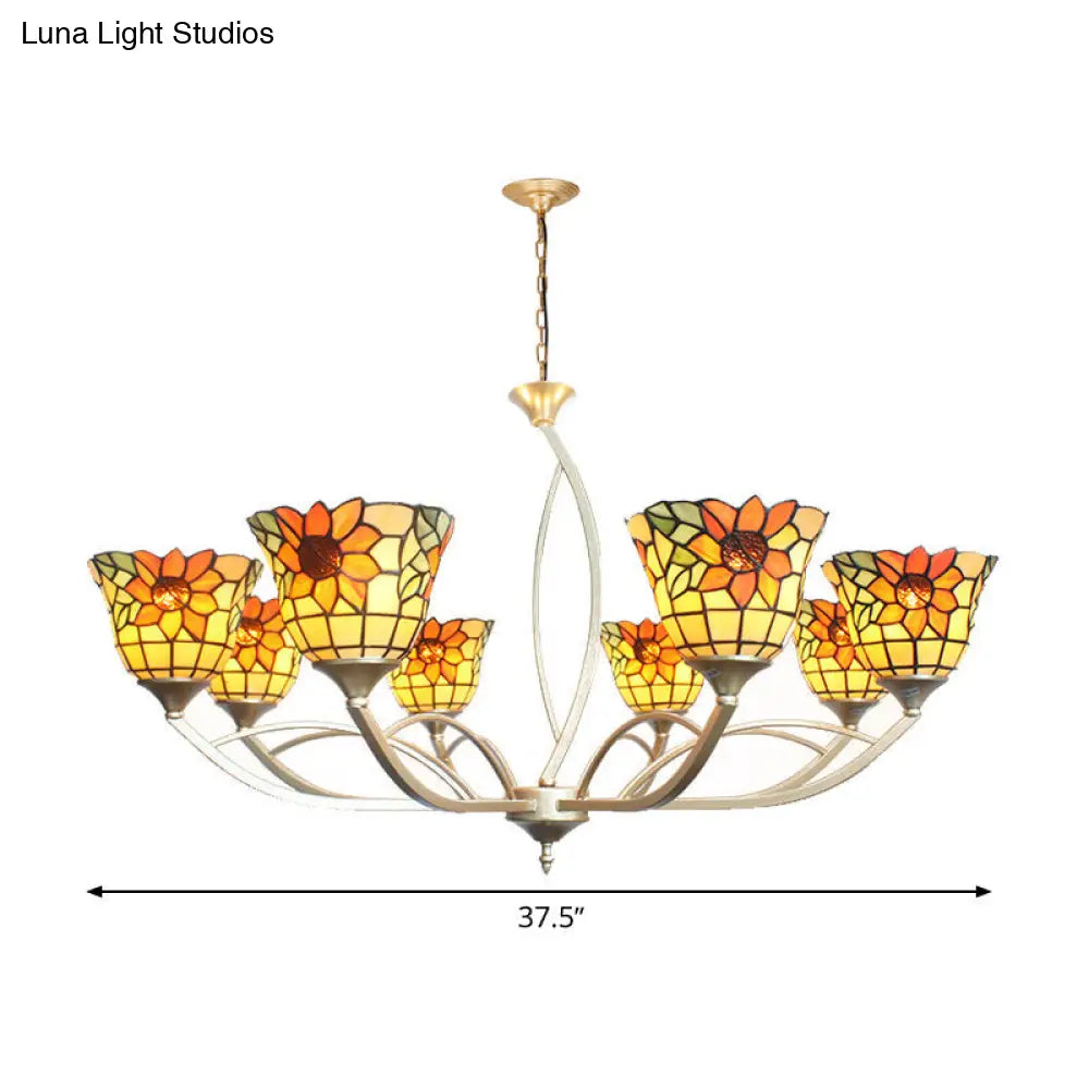 Tiffany Sunflower/Leaf Chandelier Light Fixture - White/Orange 6/8 Lights Ideal For Living Room