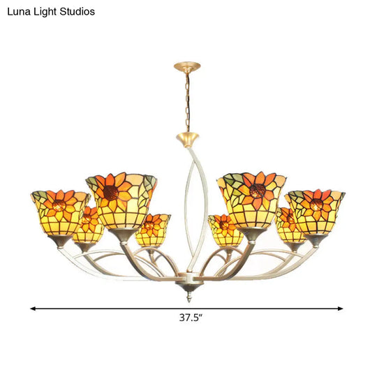 Tiffany Sunflower/Leaf Chandelier Light Fixture - White/Orange 6/8 Lights Ideal For Living Room