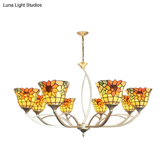 Tiffany Sunflower/Leaf Chandelier Light Fixture - 6/8 Lights White/Orange For Living Room