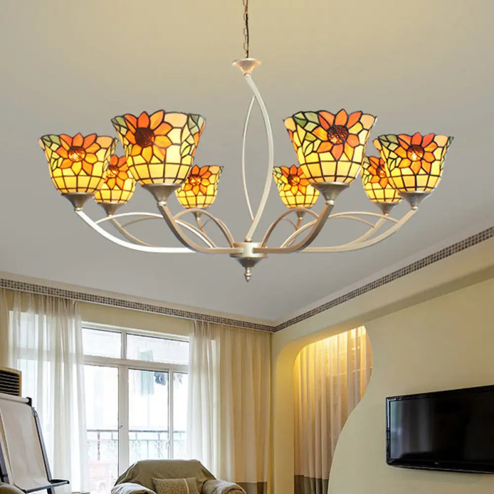 Tiffany Sunflower/Leaf Chandelier Light Fixture - 6/8 Lights White/Orange For Living Room 8 / Orange