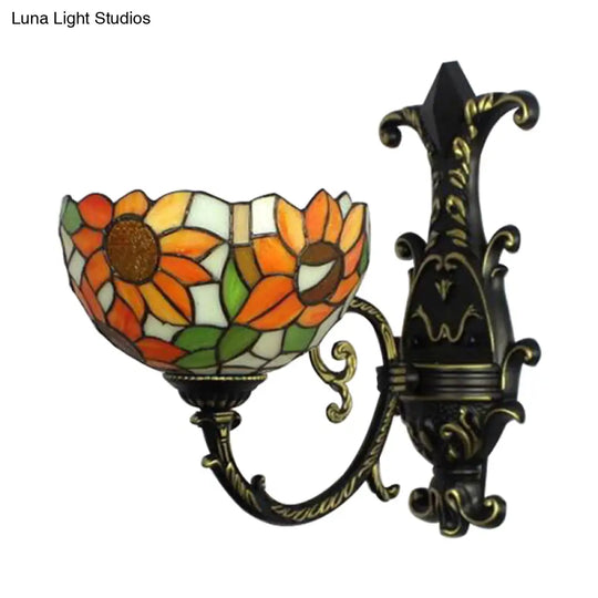 Tiffany Sunflower Orange Wall Sconce Lamp With Rustic Stained Glass For Bedroom