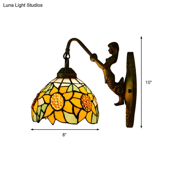 Tiffany Sunflower Yellow Glass Sconce Light - 1 Head Bronze Wall Mounted Decoration With Mermaid