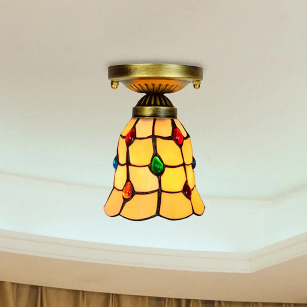 Tiffany Traditional Bell Ceiling Light With Jewelry Shell - Yellow Flush Mount For Hotels