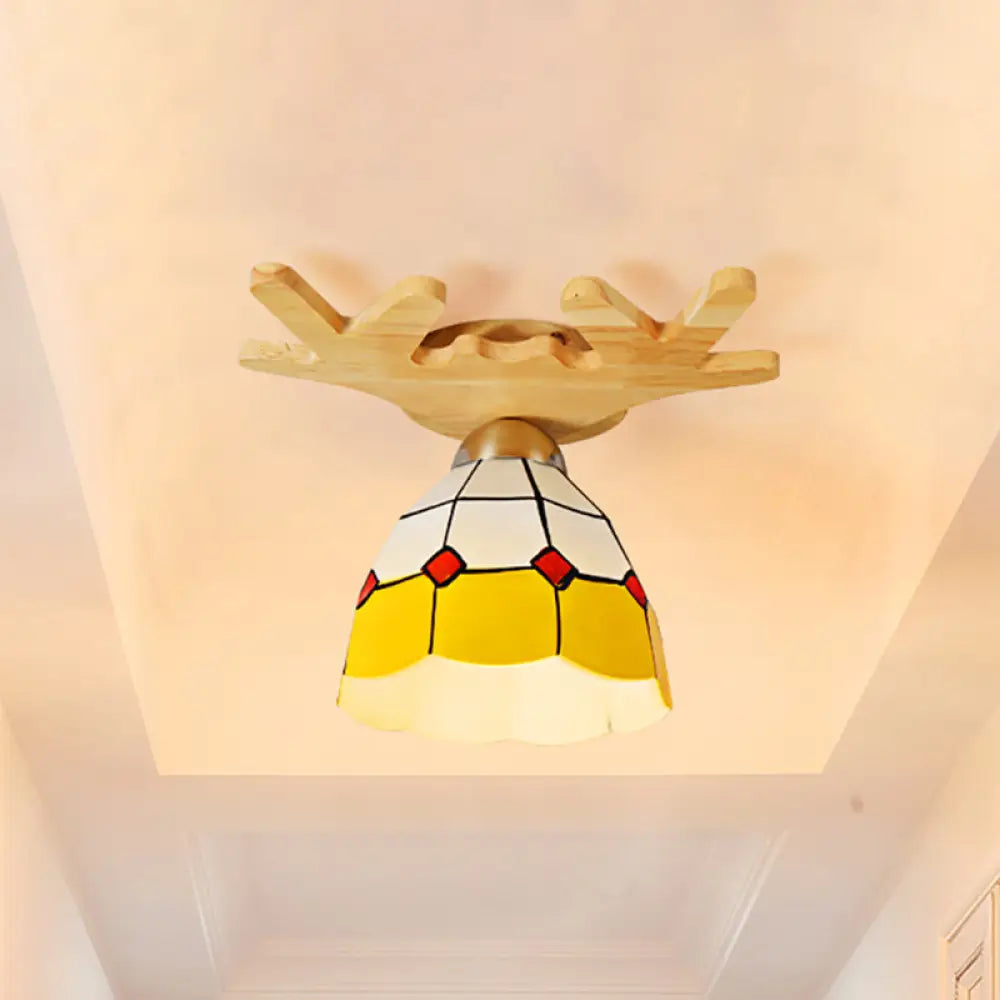 Tiffany Traditional Bowl Ceiling Light With Antlers Art Glass - Single Yellow