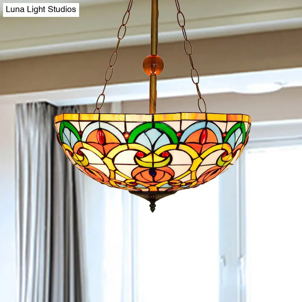 Tiffany Victorian Stained Glass Ceiling Light With Multi-Colored Inverted Bowl For Bedroom