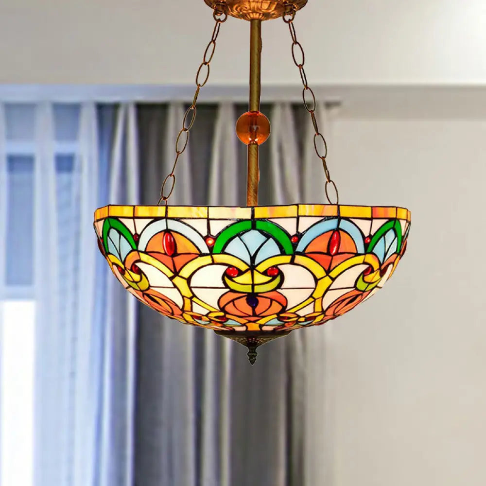 Tiffany Victorian Stained Glass Ceiling Light With Multi-Colored Inverted Bowl For Bedroom Brass