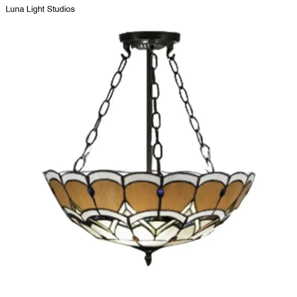Tiffany Victorian Stained Glass Semi Flushmount Light In Yellow - Ideal For Bookstore Ceilings