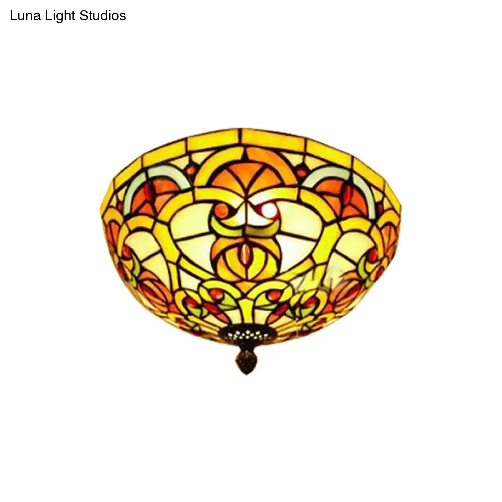 Tiffany Victorian Flush Mount Stained Glass Ceiling Light For Hotels - Yellow Dome Design