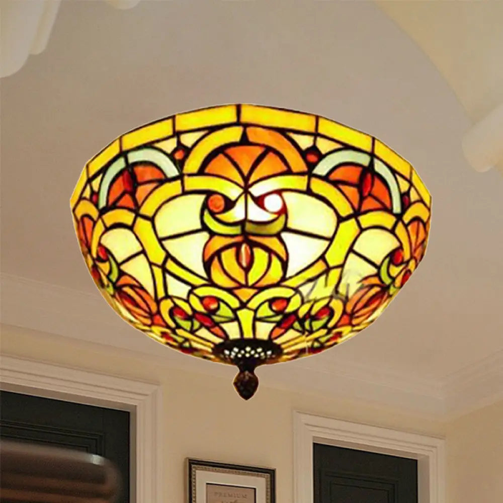 Tiffany Victorian Yellow Flush Ceiling Light Dome - Stained Glass Mount For Hotels
