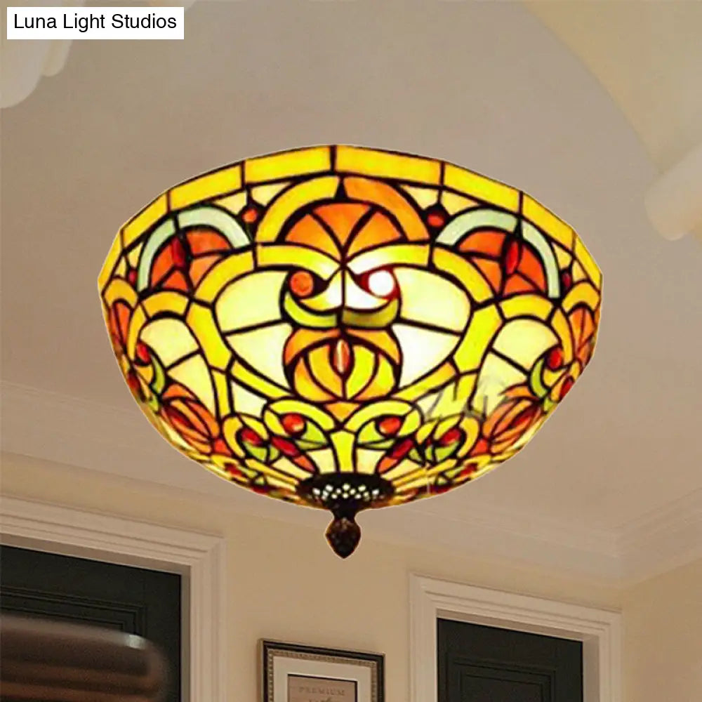 Tiffany Victorian Flush Mount Stained Glass Ceiling Light For Hotels - Yellow Dome Design