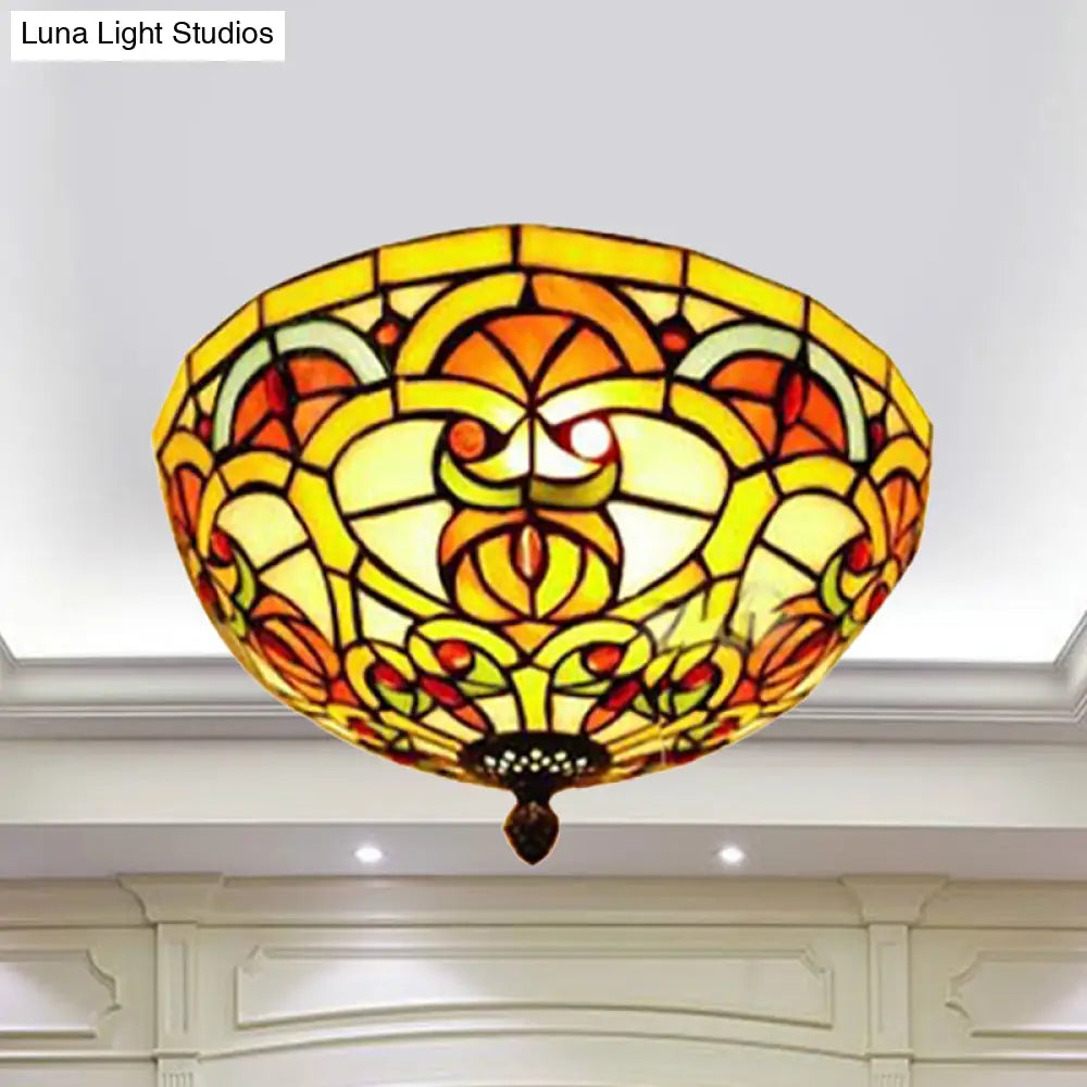 Tiffany Victorian Flush Mount Stained Glass Ceiling Light For Hotels - Yellow Dome Design