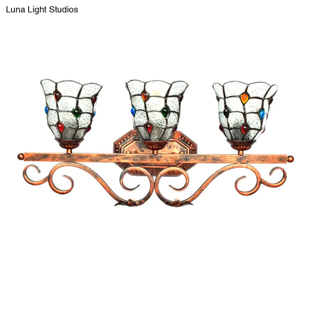 Tiffany Vintage Cafe Lattice Bell Wall Light With Jewelry Glass - 3 Heads Copper Lamp