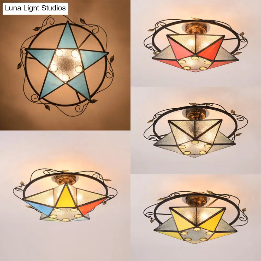 Tiffany Vintage Stained Glass 5 Pointed Star Ceiling Light - Semi Flush Mount In Multi - Color