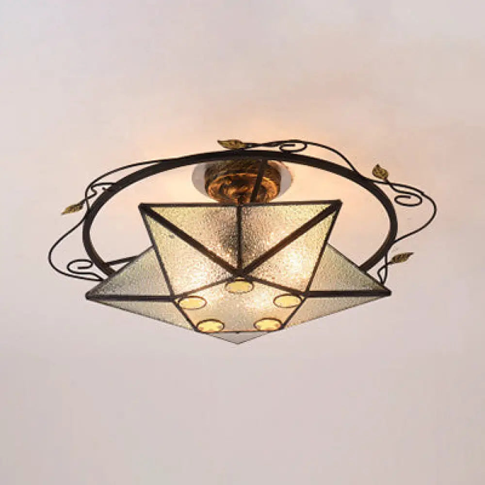 Tiffany Vintage Stained Glass 5 Pointed Star Ceiling Light - Semi Flush Mount In Multi - Color Clear