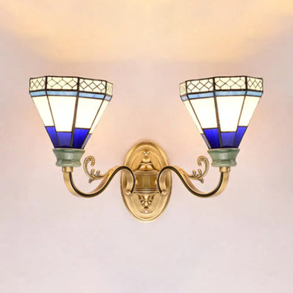 Tiffany Wall Lamp With Stained Glass Cone Shade - 2-Light Foyer Lighting Dark Blue