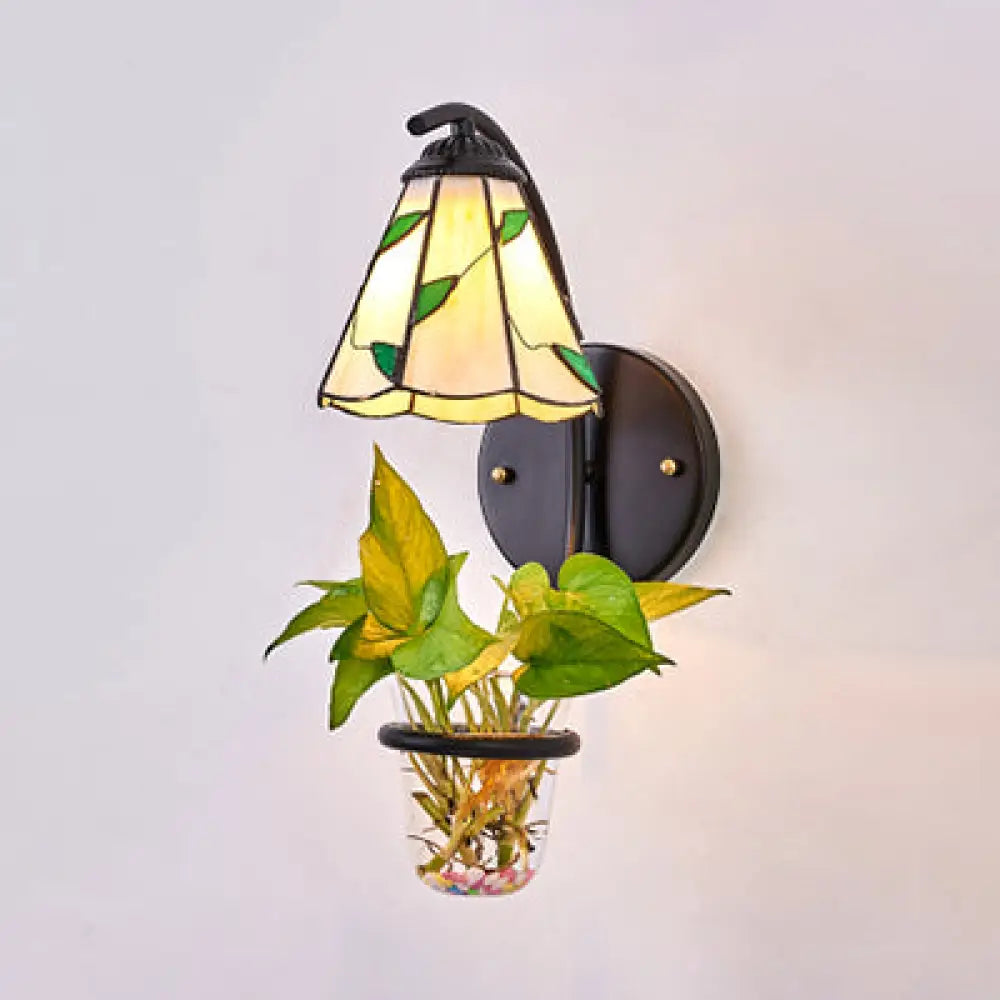 Tiffany Wall Mount Light With Plant Decoration - Cone Sconce Lighting Beige/Blue Glass 1 Head Beige