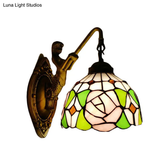 Tiffany Wall Mount Sconce Light With Stained Glass Shade And Mermaid Backplate - Pink/Green-Pink