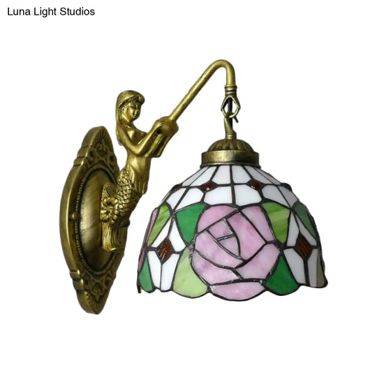 Tiffany Wall Mount Sconce Light With Stained Glass Shade And Mermaid Backplate - Pink/Green-Pink