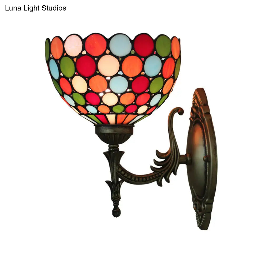 Tiffany Wall Sconce Light - Single-Bulb Stained Glass Fixture In Bronze With Spots And Semicircles