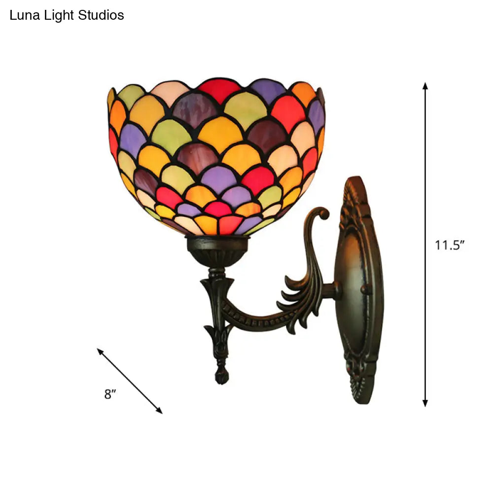 Tiffany Wall Sconce Light - Single-Bulb Stained Glass Fixture In Bronze With Spots And Semicircles