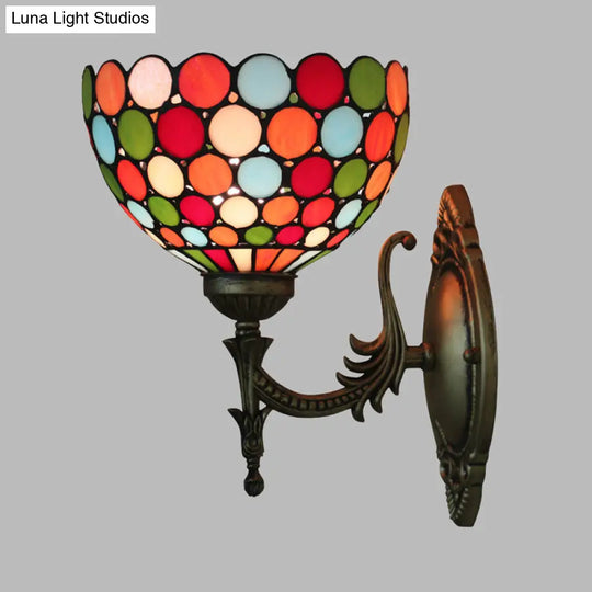 Tiffany Wall Sconce Light - Single-Bulb Stained Glass Fixture In Bronze With Spots And Semicircles