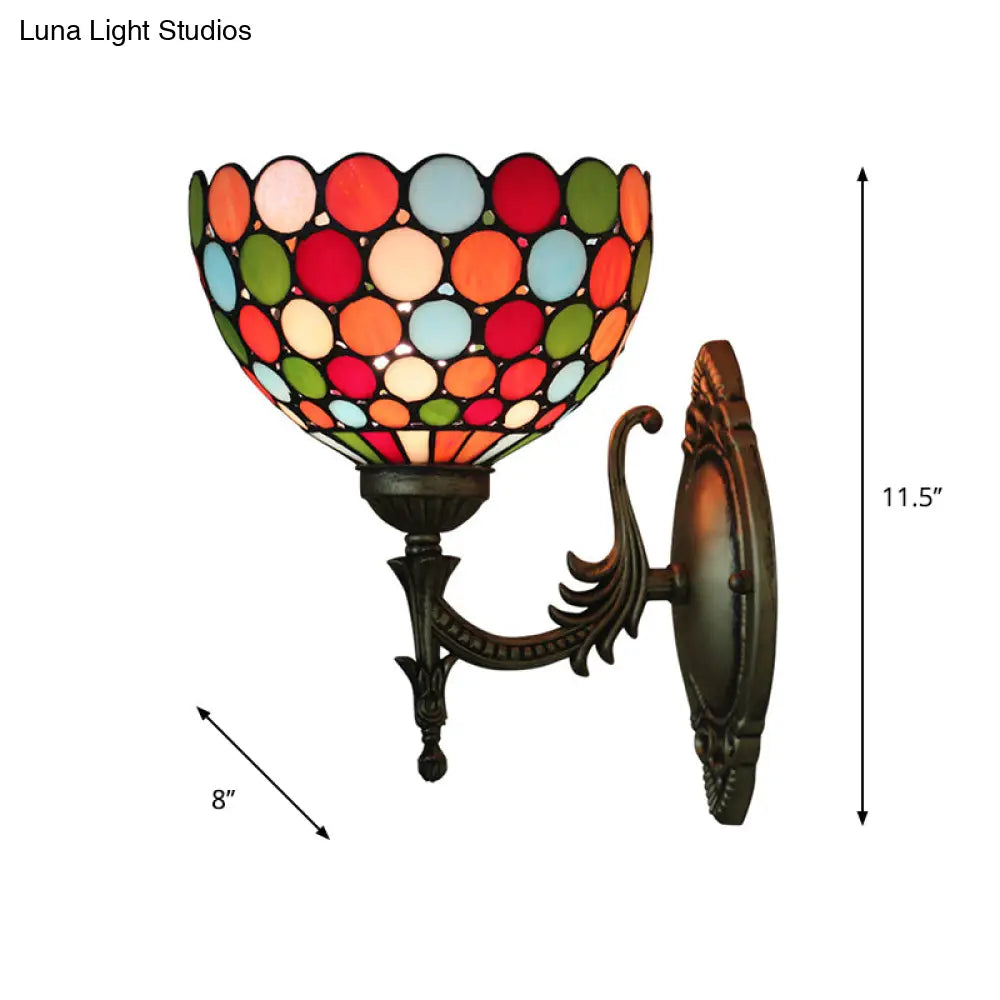 Tiffany Wall Sconce Light - Single-Bulb Stained Glass Fixture In Bronze With Spots And Semicircles