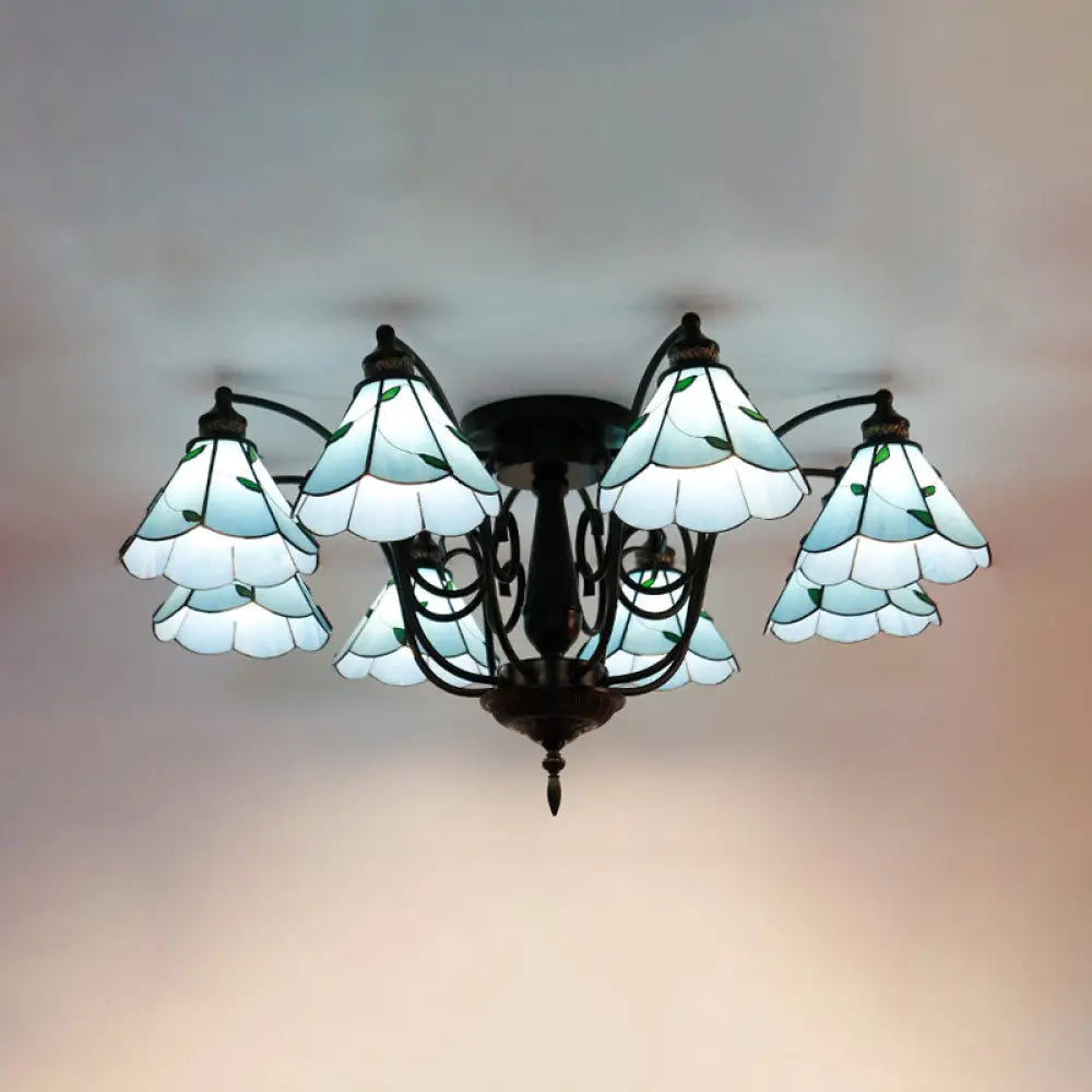 Tiffany White/Blue Handcrafted Art Glass Cone Ceiling Mounted Light - 8 Heads Semi Flush Fixture