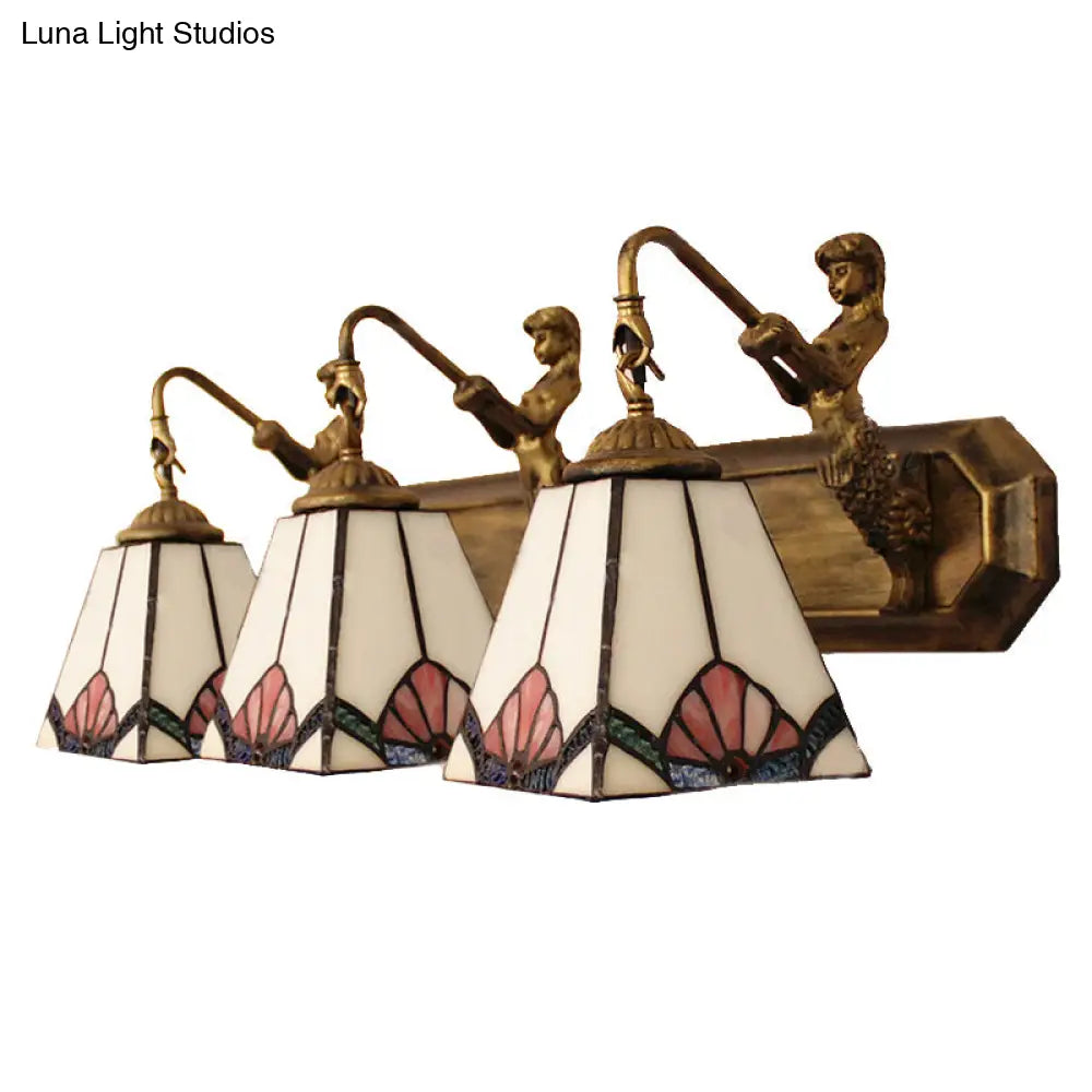 Tiffany White Glass Trapezoid Wall Mount Light With Mermaid Decoration - 3 Lights Brass Vanity